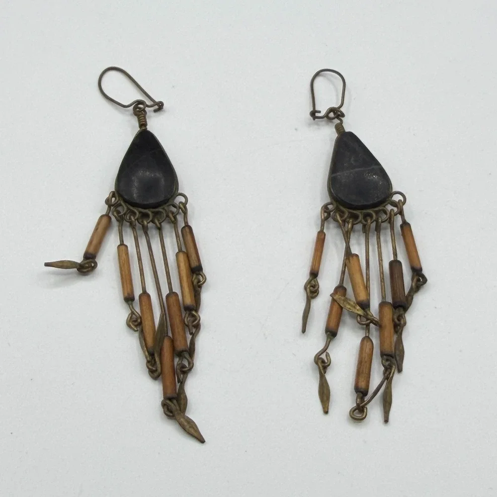 Black Teardrop Wood Bead Brass Tone Chandelier Dangle Boho Earrings Pierced Gift